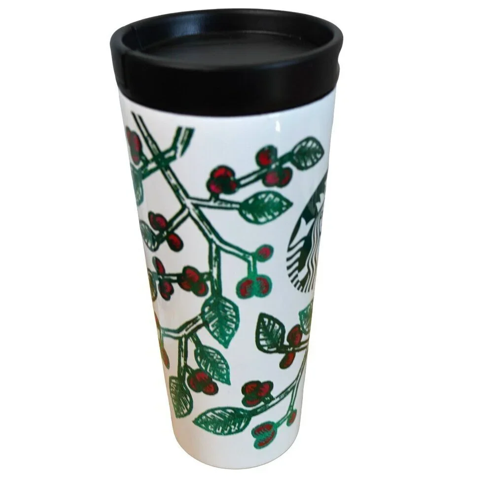 Starbucks 2016 White Stainless Steel Tumbler Holly‎ Red Berry 16oz Mug Cup